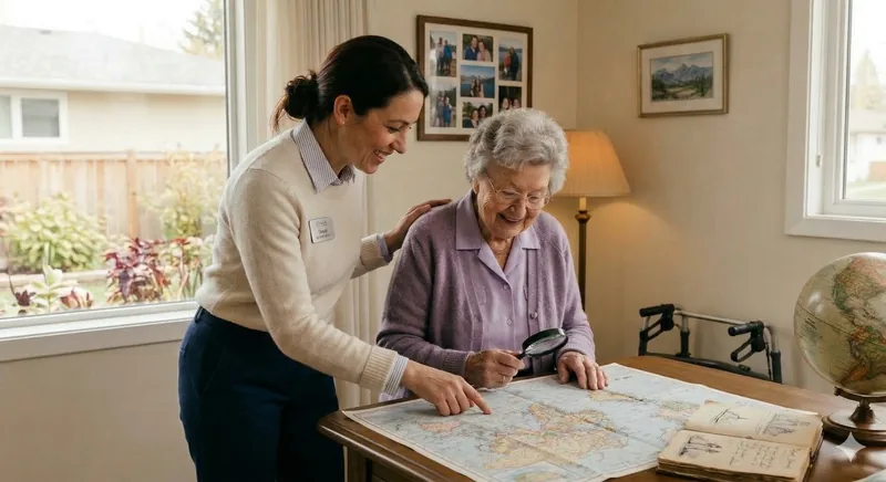 Caregiver and senior laughing together while looking at a photo album