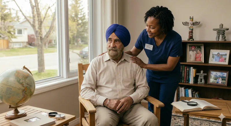 Caregiver providing gentle dementia care support to elderly client