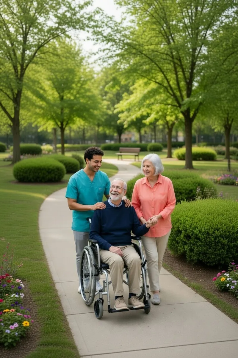 Caregiver assisting person with disability to enjoy an outdoor walk