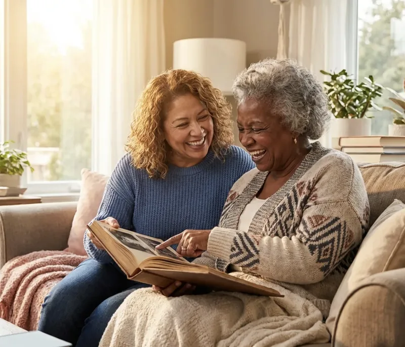 Caregiver helping elderly woman with daily personal care at home
